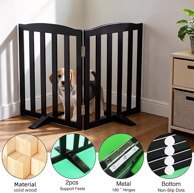 ZJSF Foldable Freestanding Indoor Dog Gate for House Wood Long Pet Gates Dog Fence for Stairs Puppy Gates for Hallways, Puppy Gate,Support Feet Included, Black, 32 "Height-2 Panels