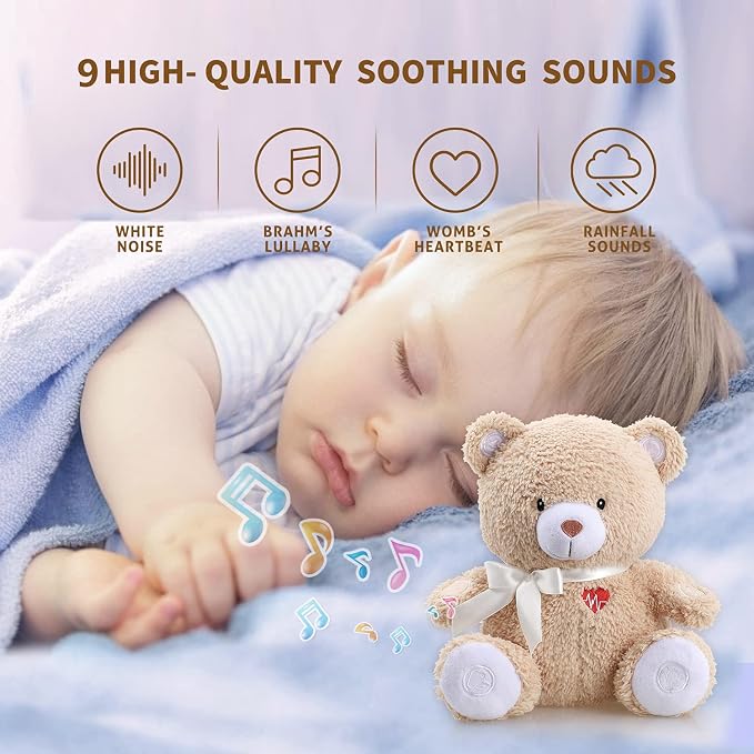 BEREST Newborns Musical Baby Sleep Soother, Mom's Heartbeat White Noise Machine, Bear Sleeping Aid with Cry Sensor|Night Light & 9 Sounds Therapy|Womb Sound Stuffed Toy for Toddler Crib|Deep Brown