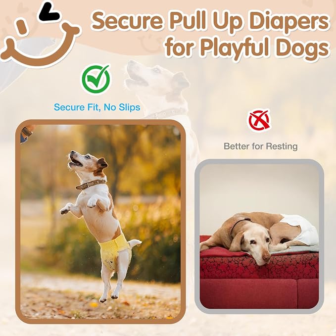 Dog Diapers Female, Pull It Up Disposable Puppy Diapers with 360°Stretchy Waist,Super Absorbent Leak-Proof Doggie Diapers for Dog in Heat Period(XS,60PCS)