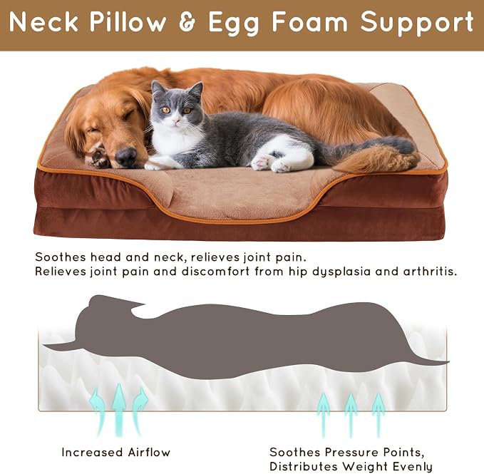 Simple Deluxe X-Large Orthopedic Dog Bed, 42 inch Memory Egg-Crate Foam Dog Bed with Waterproof Washable Removable Cover, Pet Couch Bed with Non-Slip Bottom, Brown