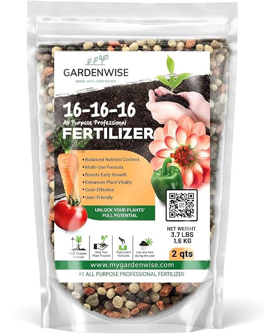 GARDENWISE 16-16-16 All Purpose Professional Fertilizer - Lawn, Flower, Tree, Shrub & Vegetable Garden Fertilizer (2 Quarts)