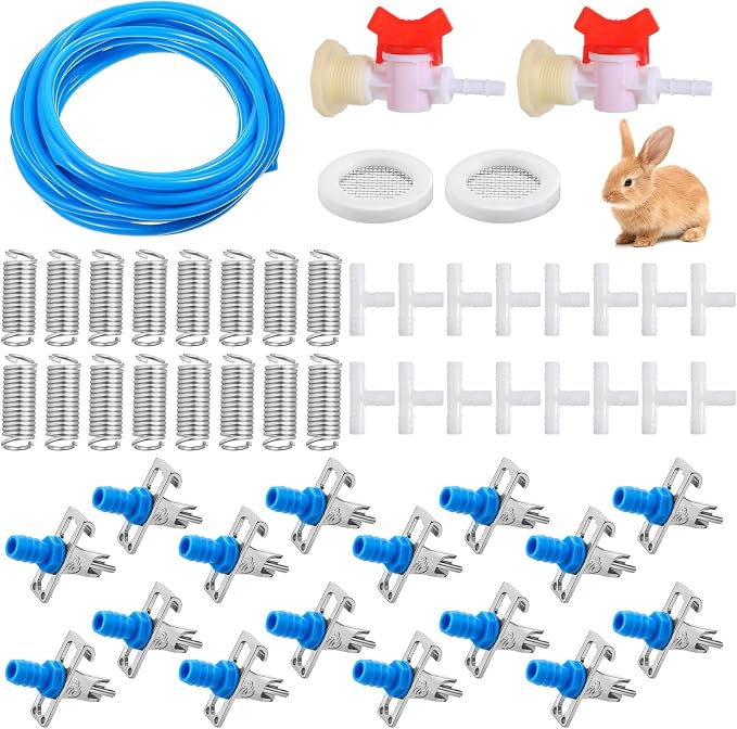 Automatic Rabbit Watering System Kit Include 16 Pcs Nipple Drinkers, 5/16" Hose, Barb Fittings to G1/2" Thread Connectors, T-Fittings, Springs, and Gaskets