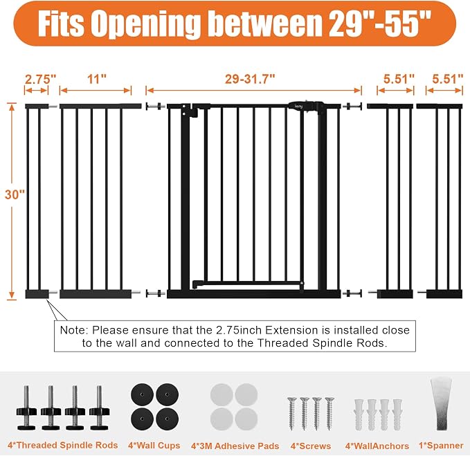 keny 29"-55" Extra Wide Baby Gate, Pressure Mounted No Drilling Dog Gate for Stairs Doorways, Easy Walk Through Safety Gate for Babies or Pets, 30" Tall, Black