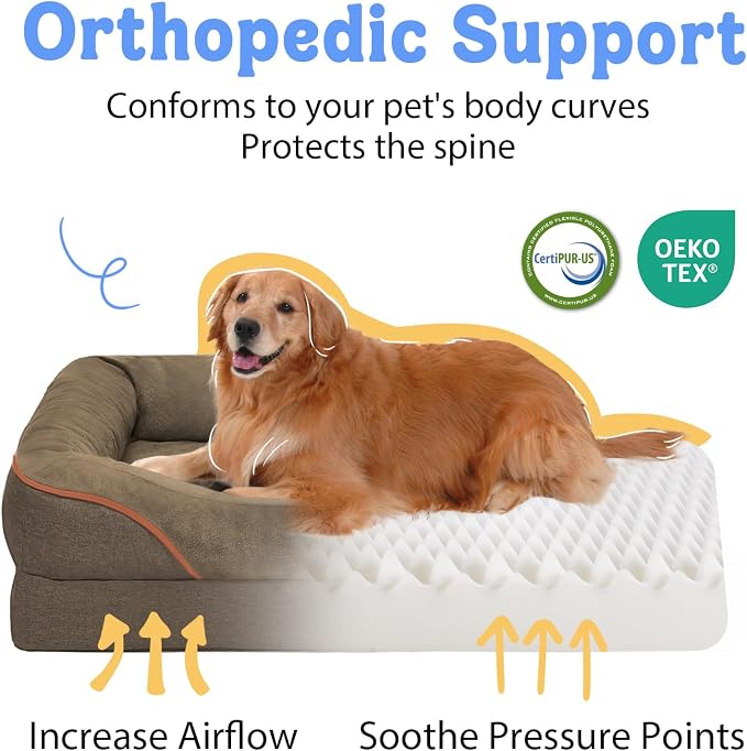 Chez Paw Orthopedic Dog Bed for Medium & Large Dogs, Waterproof Egg-Crate Foam Dog Bed with Removable Washable Cover, 4-Sided Bolster Support & Non-Slip Bottom,Coffee 36"x27"x7"