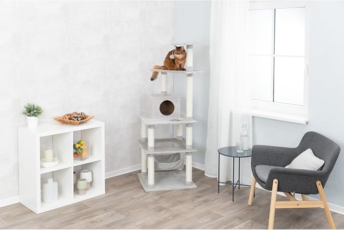 TRIXIE Abby 63.5" Cat Tower, 4-Level Sisal & Plush Cat Tree, Cat Scratcher, Condo, Hammock, Platforms Dangling Cat Toy