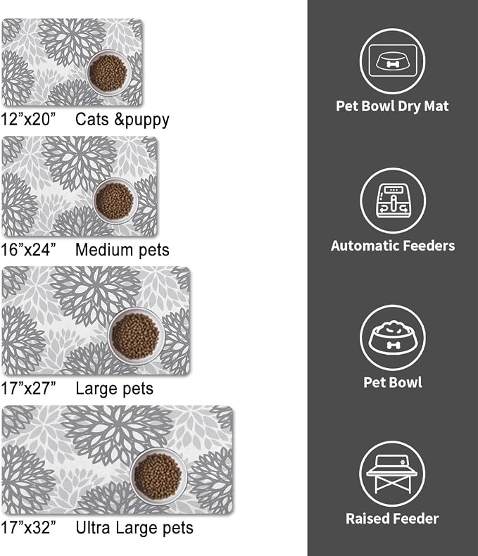 Dog Food Mats for Floors, Absorbent and Quick-Drying Pet Cat Food Mat,Anti-Fouling and Easy-to-Clean Pet Feeding Mat,Dog Bowl Mat for Messy Drinking Water Bowls.12x20, Bohemia Dahlia Floral Style