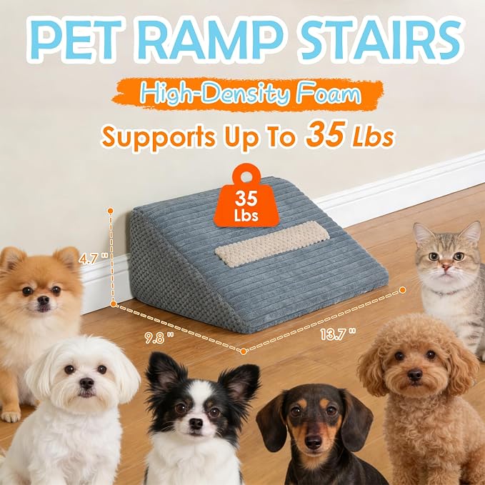 Foam Dog Ramp for Stairs, Low-Impact Climbing Dog Stairs for Senior Dogs | 5.1"H, 3 Pack, 40D High-Density Foam Won't Collapse, Protects Joints, Anti-Slip & Self-Sticky Pads, Washable Cover, Grey