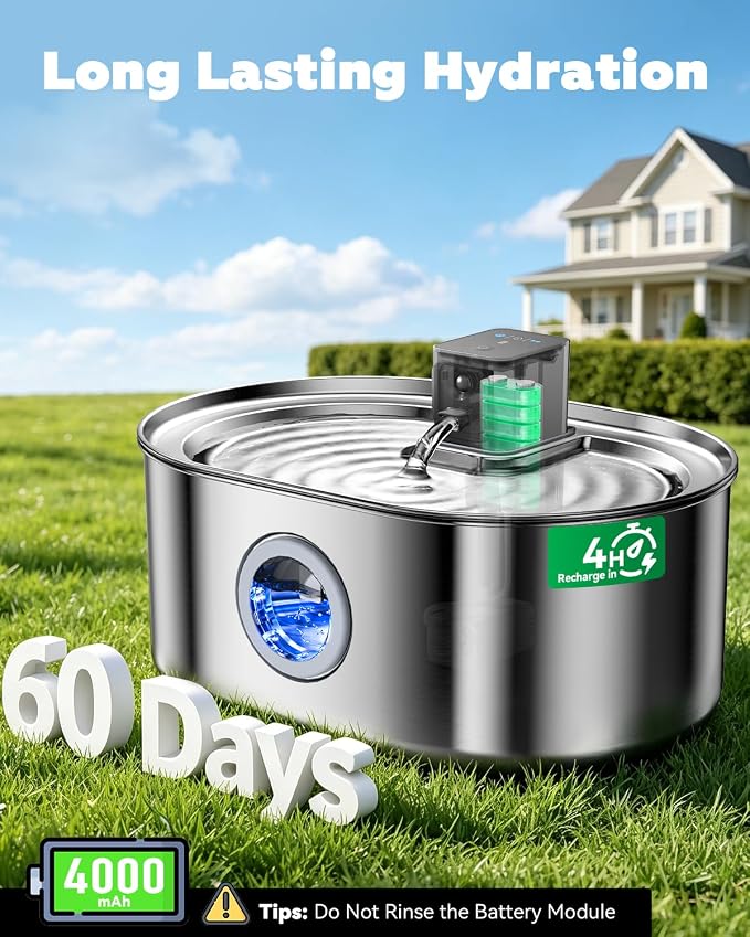 Wireless Dog Water Fountain, 8L/2.1Gal Battery Operated Dog Water Bowl Dispenser, Cordless Stainless Steel Pet Water Fountain with 3 Motion Sensor for Multi-Pets, Easy Setup