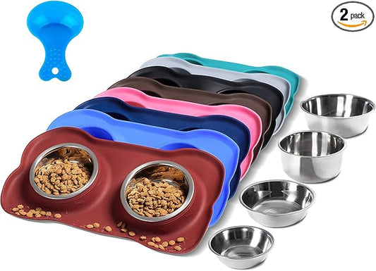 Hubulk Pet Dog Bowls 2 Stainless Steel Dog Bowl with No Spill Non-Skid Silicone Mat + Pet Food Scoop Water and Food Feeder Bowls for Feeding Small Medium Large Dogs Cats Puppies (X- Large, Burgundy)