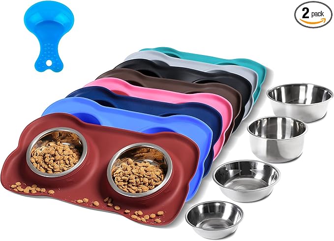 Hubulk Pet Dog Bowls 2 Stainless Steel Dog Bowl with No Spill Non-Skid Silicone Mat + Pet Food Scoop Water and Food Feeder Bowls for Feeding Small Medium Large Dogs Cats Puppies (Burgundy, Small)
