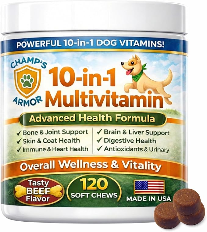 Dog Multivitamin 10-in-1 with Glucosamine - Hip Joint Support, Skin & Coat, Digestive Health, Immune Boost - Salmon Oil, Probiotics, MSM - All Natural Daily Chews for Dogs All Breeds - 120 Count