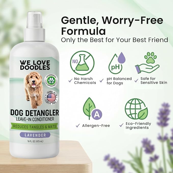 We Love Doodles Large Slicker Brush & Lavender Detangler Spray Pack - for Long-Haired Dogs, Dog Leave-In Conditioner for Reducing Mats, Knots & Tangles, Dematting & Conditioning Kit, 16 oz