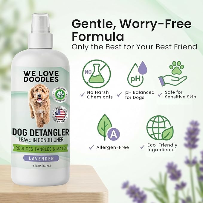 We Love Doodles Small Slicker Brush & Lavender Detangler Spray Pack - Dog Leave-In Conditioner for Reducing Mats, Knots & Tangles, Dematting & Conditioning Grooming Kit, 16 oz