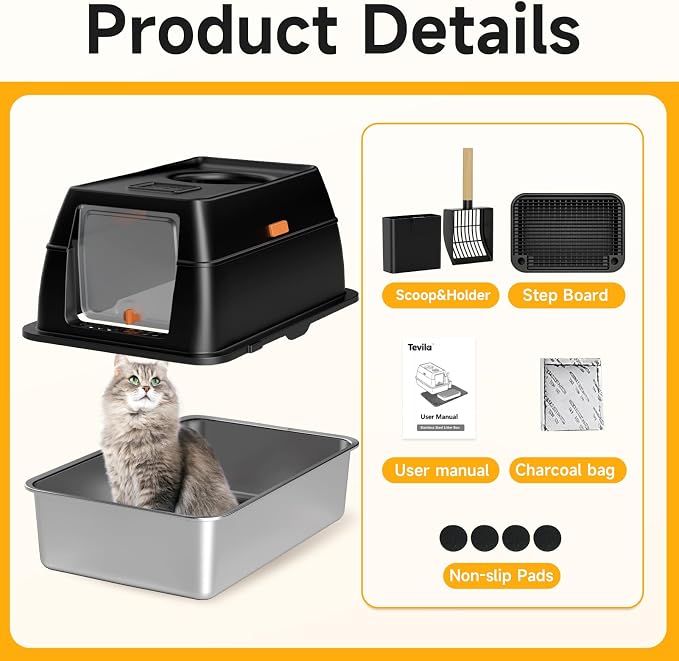 Extra Large Stainless Steel Litter Box with Lid, High Sided Enclosed Metal Cat Litter Pan, Dog Proof Front Entry Top Exit, Odor Control Easy Clean Leak Proof, Includes Scoop & Step, Black