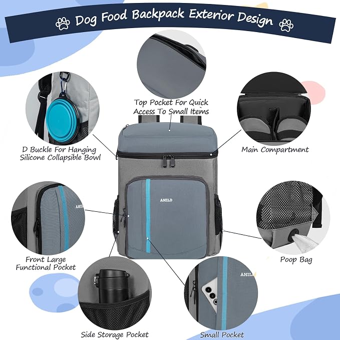 ANILD Dog Travel Bag Backpack, Flight-Ready TSA-Approved Dog Travel Bag with 2 Leak-Proof Food Canisters, 2 Foldable Silicone Bowls, Multi-Compartment Organizer for Hiking, Camping, Dog Mom Essentials
