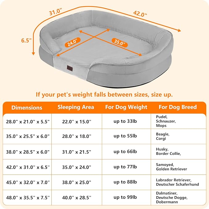 Dwanton Orthopedic Dog Bed for Large Dogs with Gel Memory Foam, Waterproof Dog Sofa, Washable Pet Bed with Four Sided Bolster Cushion, Removable Cover & Non-Slip Bottom, 42", Light Grey