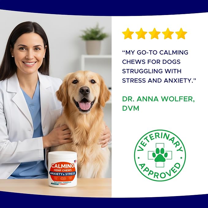 Advanced Calming Chews for Dogs - Hemp Treat + Melatonin + Valerian - Relaxing Bites - Calming Care - Stress Relief - Made in USA - Calm, Sleep Aid, Storms - 60Ct