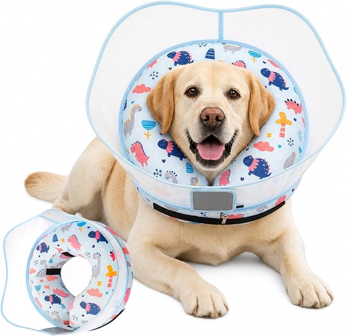 Inflatable Dog Cone Collar for Large Medium Small Dogs, Soft Dog Donut Collar Adjustable Recovery Cone for Pets After Surgery, Extra Enhanced Anti-Licking Guard Shield (Dinosaur, Medium)