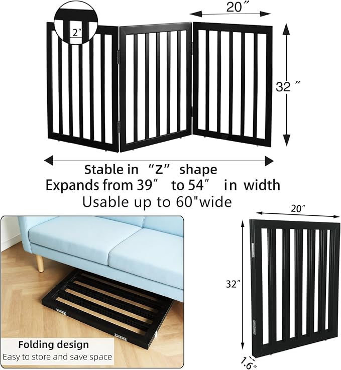 Dog Gate Indoor, Freestanding Dog Fence for The House, Doorways, Hallways,or Stairs,Pet Gate Foldable Wooden,Expandable 32" Height 3 Panels,Black