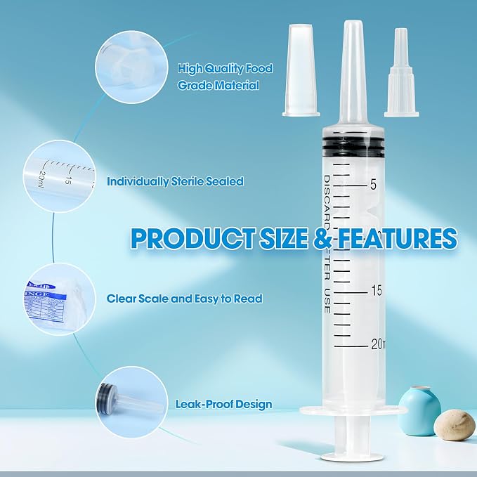 20ml Syringe for Liquid,5 Pack Large Plastic Syringes with Adapters and Cap,Individually Sealed Syringe for Feeding,Irrigation Water and Scientific Labs