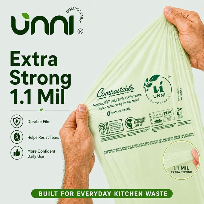 UNNI Compostable Lawn & Leaf Bags, 30-33 Gallon / 124 Liter, 20 Count, Extra Thick 1.1 mil Yard Waste & Food Scrap Liners, Certified by BPI, CMA & OK compost HOME, Meets the ASTM D6400 Standard