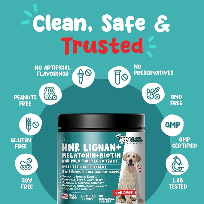 HMR Lignan + Melatonin + Biotin + Milk Thistle for Dogs | 4-in-1 Formula | Adrenal Support & Normal Cortisol Levels | Skin, Coat, & Digestive Health | 90 Chewable Tablets | Natural Beef Flavor