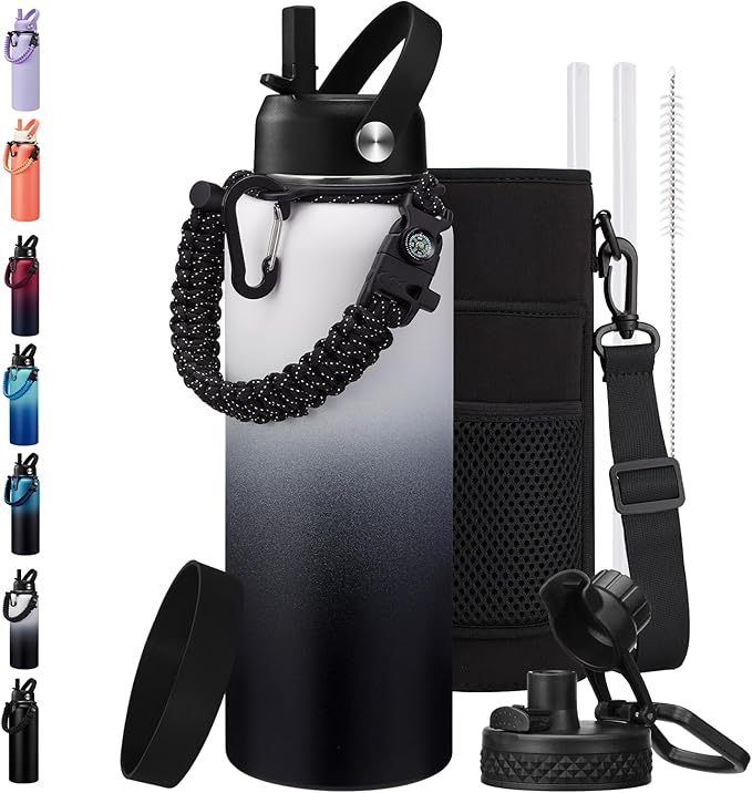 BENZZO 40 oz Water Bottle with Straw - Insulated Water Flask with Straw & Auto Spout Lid, Paracord Handle & Carrying Case, Keep Cold 48H Hot 24H Metal Water Hydro for Hiking Running & Ideal for Dad