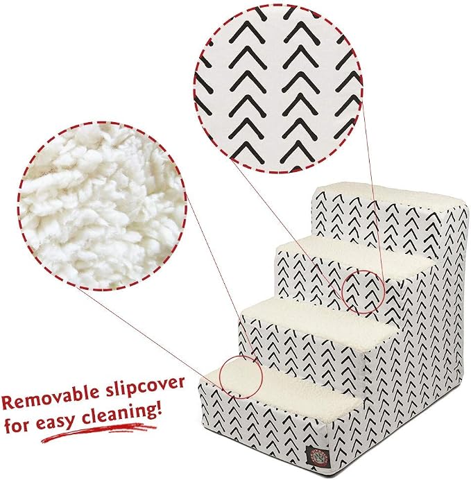 Majestic Pet 4 Step Portable Dog Stairs for Small Dogs to get on Bed Supports 250 lbs or Less – Dog Steps for High Bed with Machine Washable Cover –Pet Stairs for Cats Boho Arrow White/Black