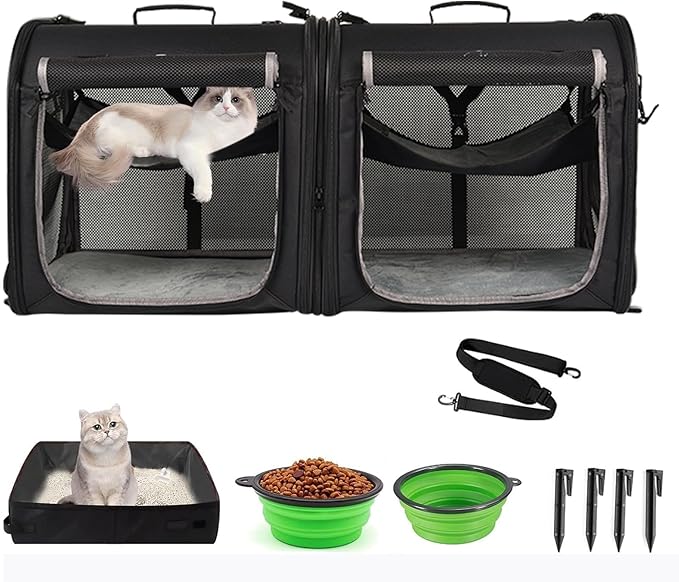 Wakytu 2-in-1 Pet Carrier for Cats & Dog, Travel Carrier for Camping | Extra-large fits 2 cats up to 25lbs each, includes 2 hammocks, carry bag, bowls & stakes. Car seatbelt pass-through