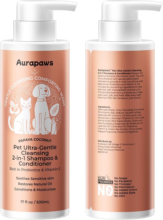 Probiotic Dog Shampoo and Conditioner, Puppy Shampoo for Sensitive Skin, Itchy Skin Relief with Ceramides NP&Vitamin E,Deodorizes & Paraben Freefor All Breeds, Papaya Coconut, 17 oz, Set 2