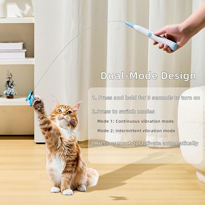 Electric Butterfly Cat Wand for Indoor Cats, 360 Spinning Self-Play with 2 Modes & Tap-to-Awake, Rechargeable Cleanable Suction Base, 3 Butterfly Refills, Interactive Cat Toy (A-Blue)