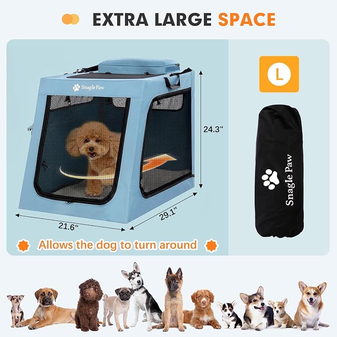 Snagle Paw Portable Dog Crate for Car Travel, Collapsible Large Dog Travel Crate with Metal Frame & 3-Door Mesh Windows, Secures in Trunk/Backseat, Soft-Sided Kennel Carrier for Medium Large Dogs-L