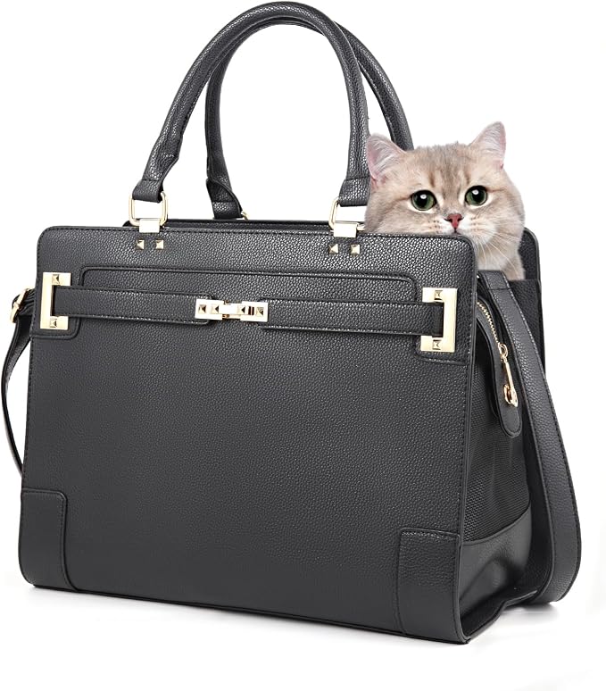 Fashion Dog Purse Carrier for Small Dogs and Cats with 2 Large Pockets PU Leather Pet Carrier Cat Carrier TSA Airline Approved Puppy Kitten Purse Carrier for Travel Hiking Road Trip, Black
