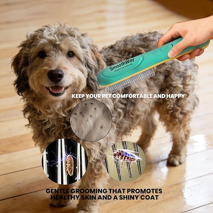 Rechargeable Flea Comb for Pets - Stainless Steel Teeth Grooming Tool for Medium and Long Haired Cats & Dogs - USB-C Charging