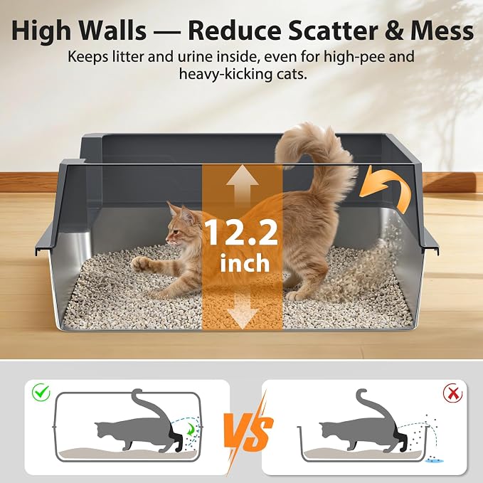 FURTIME Stainless Steel Cat Litter Box, Easy-Clean High-Sided Metal Litter Box, Open-Top Litter Pan for Large Cats, Great for Multi-Cat Homes,Includes Scoop&Mat, Non-Stick, Anti-Leakage, 28"×20"×12.2"