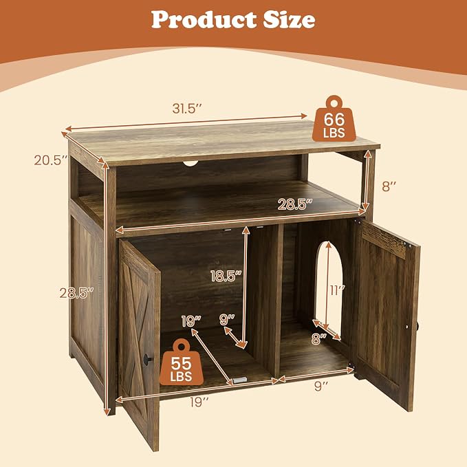 PETSITE Cat Litter Box Enclosure, Farmhouse Litterbox Enclosure Furniture with Double Doors and Open Shelf, Wooden Cat Hidden Litter Box Buffet Cabinet, Retro Style Litter Box Cabinet