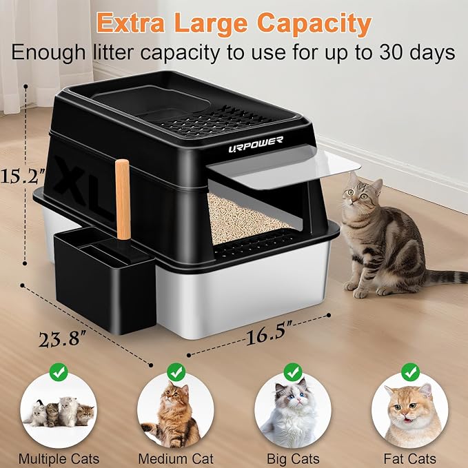 URPOWER Stainless Steel Cat Litter Box with Lid Extra Large Enclosed Litter Box Non-Sticky Metal Pan with High Sided & Scoop, Odor Free, Front & Top Entry, Anti-Leakage, Easy Cleaning