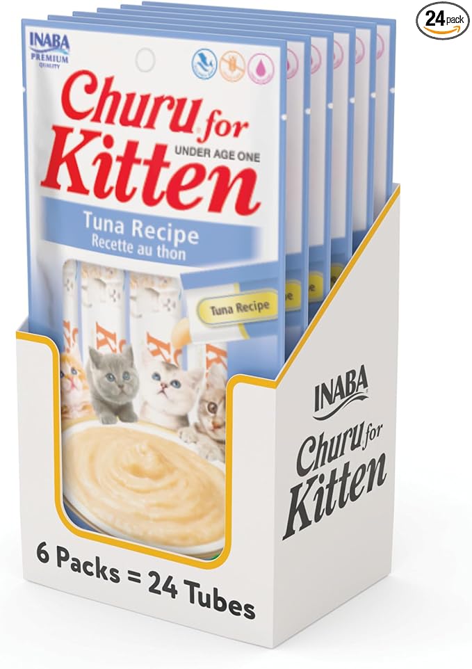 INABA Churu for Kittens, Creamy, Purée Lickable Cat Treats with DHA, EPA, Vitamin E & Taurine, 0.5 Ounces Each, 24 Tubes (4 per Pack), Tuna Recipe