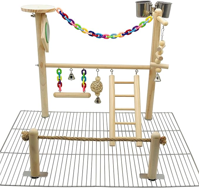 Bird Playground Top Cage, Parrot Gym Hanging Chewing Toys, Cage Top Play Stand for Conure, Parakeets, Budgie, Cockatiels, Lovebirds, Wood Perch Toys