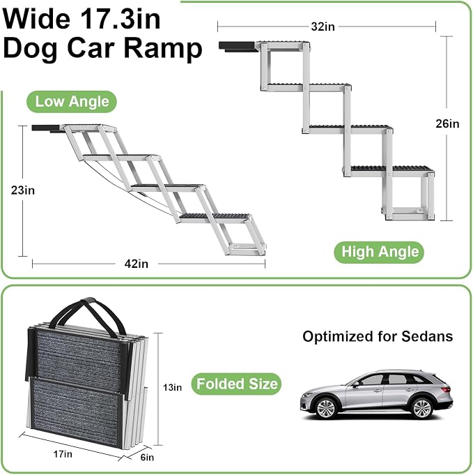 Dog Stairs for Car - Folding Dog Ramp 17" Wide, Portable & Lightweight Dog Steps with Non-Slip Surface & Aluminum Frame, Pet Stairs Supports up to 250 lbs, 4 Steps