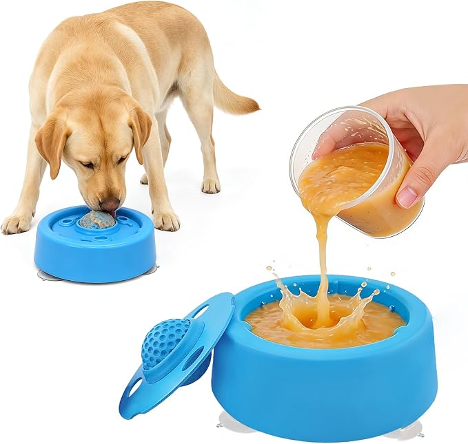Slow Feeder Dog Bowls, Dog Lick Bowl with Built-in Rolling Ball for Wet Food, Bone Broth & Yogurt, Non-Slip Base, Interactive Enrichment Toy for Safe & Fun Feeding (Blue)