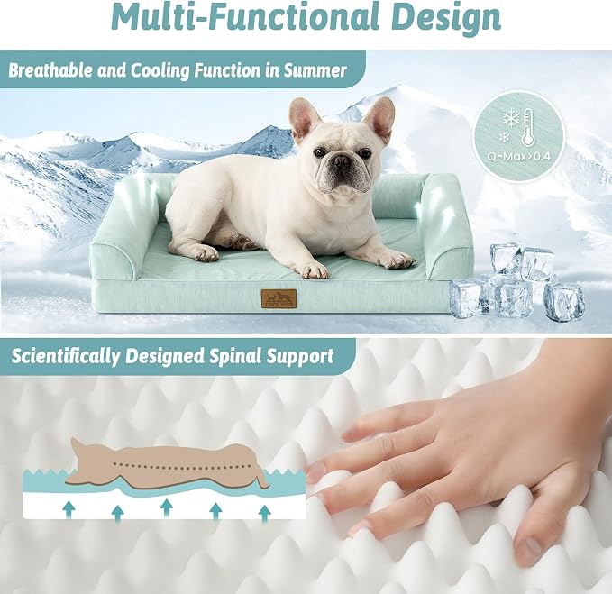 COZY KISS Cooling Dog Bed for Small Dogs, 30"x20" Orthopedic Foam Sofa with Bolster Sides, Q-Max >0.4 Cooling Technology, Cool Pet Bed with Removable Washable Cover, Green