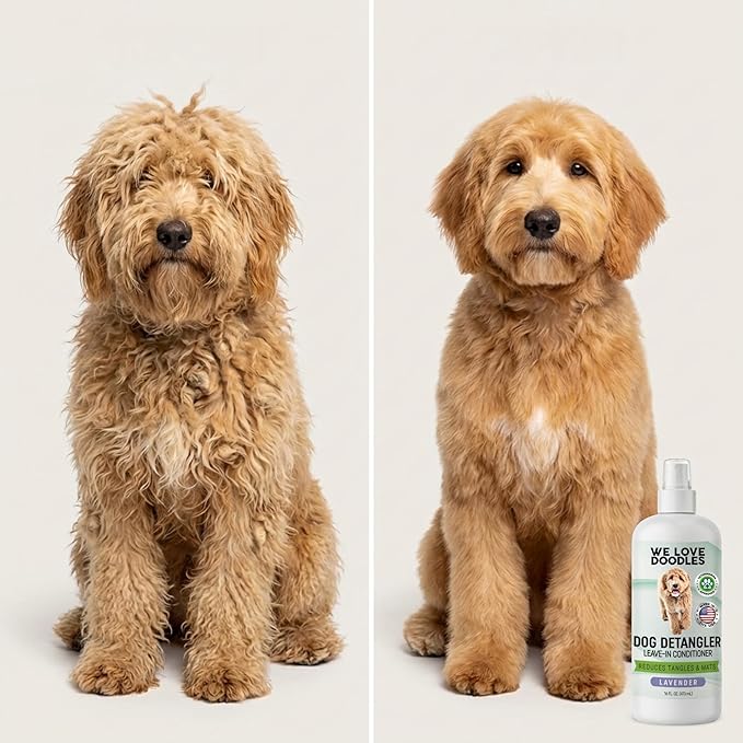 We Love Doodles Large Slicker Brush & Lavender Detangler Spray Pack - for Long-Haired Dogs, Dog Leave-In Conditioner for Reducing Mats, Knots & Tangles, Dematting & Conditioning Kit, 16 oz