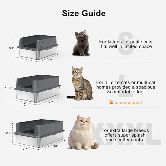FURTIME Stainless Steel Cat Litter Box, Easy-Clean High-Sided Metal Litter Box, Open-Top Litter Pan for Large Cats, Includes Scoop & Mat, Non-Stick, Anti-Leakage, 23"×15"×10.5"
