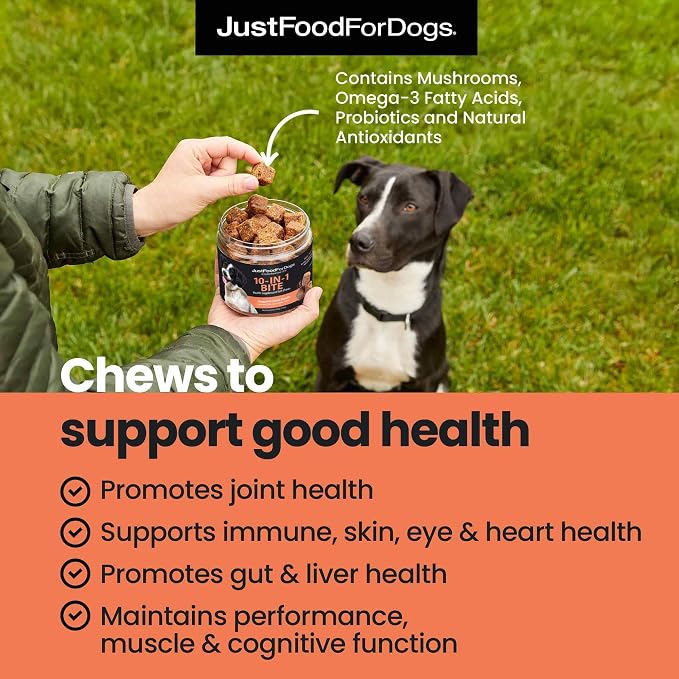 JustFoodForDogs 10-in-1 Multifunctional & Hip + Joint Supplement Soft Chews for DogsPlant-Based, Human Grade -45 Count of Each, 90 Chews Total