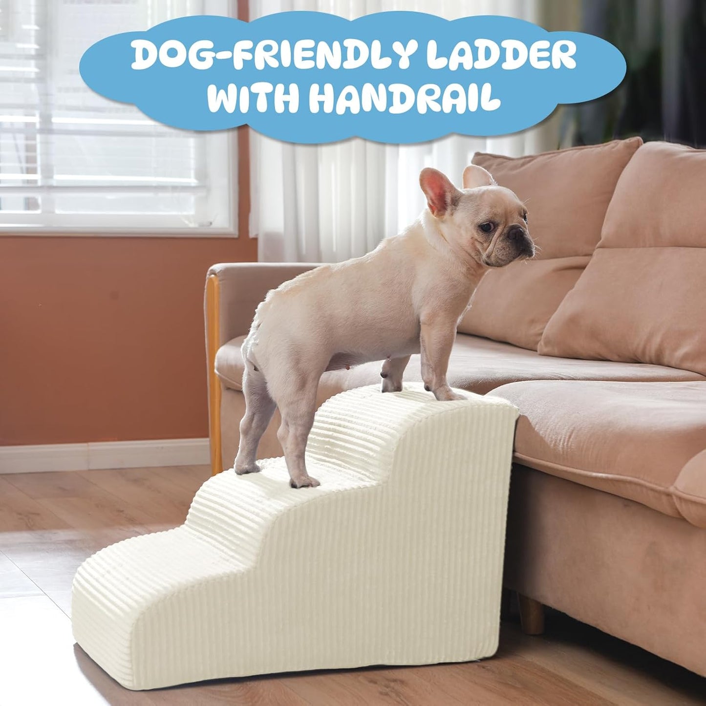 Dog Steps for Small Dogs, 3-Step Pet Ramp Stairs for High Beds and Sofa, Non-Slip Pet Stairs for Small Dogs and Cats, Removable and Easy to Clean Cover, Beige