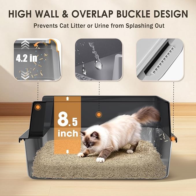 Stainless Steel Litter Box, 17.4'' x 13.5'' x 8.5'' Metal Kitty Litter Box for Small Cats Kitten High Sided Litter Boxs with Scoop Open Top Low Entry Easy to Clean Non-Sticky Anti-Leakage