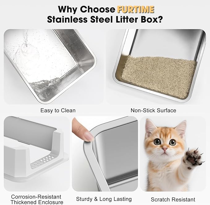FURTIME Stainless Steel Cat Litter Box, Easy-Clean High-Sided Metal Litter Box, Open-Top Litter Pan for Large Cats, Includes Scoop & Mat, Non-Stick, Anti-Leakage, 23"×15"×10.5"