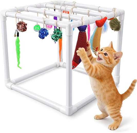 BABORUI Cat Play Gym, Indoor Hanging Activity with 15 Toys, Cat Toys to Keep Them Busy, Adjustable Cat Playground for Indoor Cats at Home
