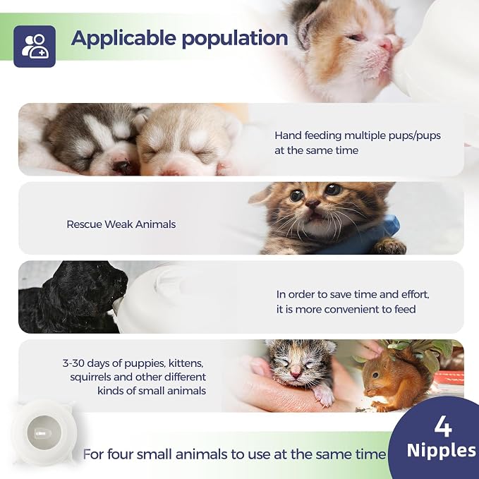400ml Silicone Multi-Pet Milk Feeder, with 5 Nipples(White) | Feeds 5 pets at once! Silicone, Stable base, Smooth milk flow. Leak-proof needles seal unused nipples. Includes syringe.